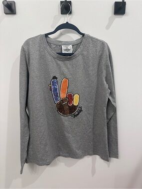 NWT Women’s Belle Cher Thanksgiving sequin Turkey Gray Long-Sleeve Tee